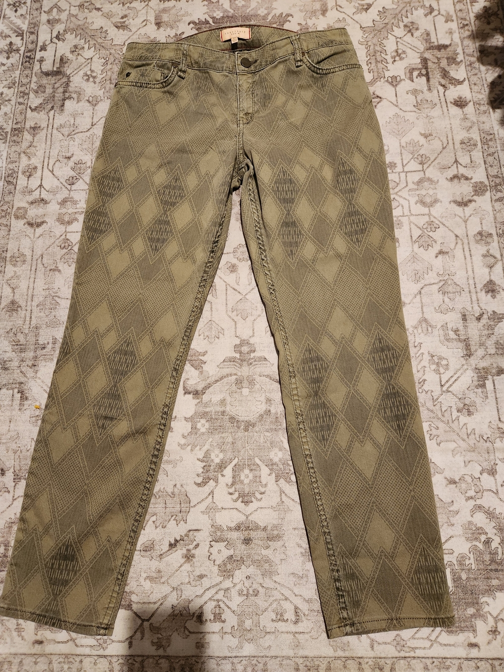 Sanctuary Olive Green Straight-Leg Jeans with Geometric Jacquard